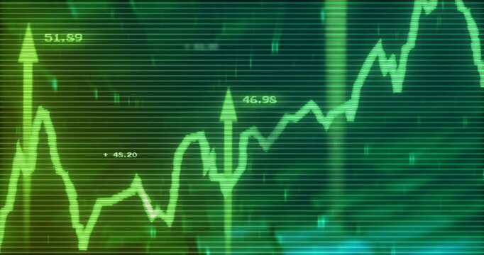Starting from lower left, neon green line chart climbing surging with arrows visualizing growth