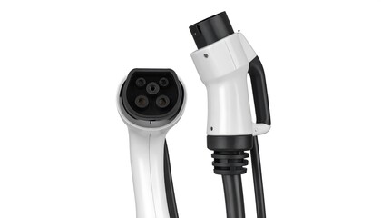 Two white and black electric vehicle charging plugs