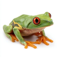 Obraz premium Vibrant green red eyed tree frog perched on a white background showcasing its bright orange feet