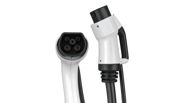 Two white and black electric vehicle charging plugs