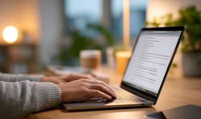 Professional marketing specialist typing an email on laptop, email template on screen with subject line and preview text,