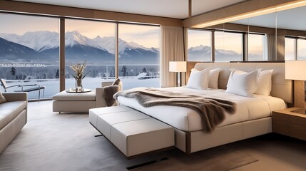 A chic designer suite with a plush bed and a geometric table lamp, dim lighting contrasting with the crisp white walls, expansive snowy mountains visible beyond the glass walls. 