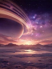 Fototapeta premium Celestial Symphony: Witness a breathtaking panorama of a ringed planet dominating a vibrant sunset sky, where celestial bodies dance and cosmic wonders unfold in a tapestry of breathtaking beauty.
