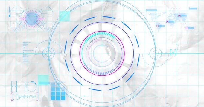Grid overlay fading in triggers progress arcs filling, rotating with pulsing nodes visualizing data