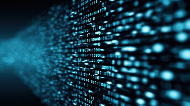Abstract digital data stream with binary code illuminated in blue tones, symbolizing the power of information technology.