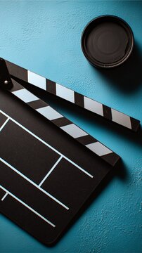 Lights, Camera, Action: A clapperboard on a cyan surface. Capturing the essence of filmmaking, storytelling, and the magic behind the screen.