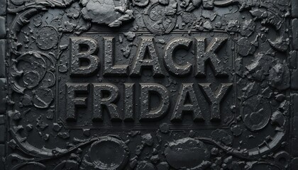 Black friday text in a dark textured background with floral and circular designs around it