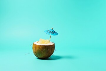 Coconut drink with pineapple and umbrella summer tropical cocktail on blue background photography