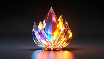 ガラスの炎、クリスタルアート、幻想的なオブジェ、光の彫刻、ファンタジーアイテム、透明な炎、宝石のような炎、デジタルアート作品、抽象的なガラス彫刻、輝くオブジェ
