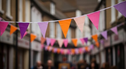 Colorful flag garland hanging over a street in a town for a festival celebration. Street decorations for spring fair or holiday event creating a festive atmosphere for banner, poster or blog post.	

