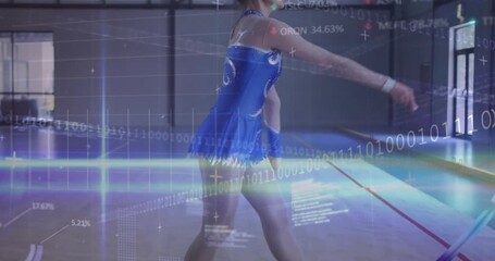 Gymnast stepping onto floor spiraling ribbon turning into arabesque then ending gymnastics routine - Powered by Adobe