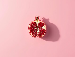 Fresh pomegranate fruit cut in half on pink background healthy eating antioxidant rich food photography