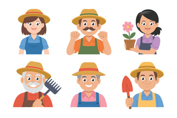 Set of Vector Cartoon Farmer Characters Featuring Friendly Farmers with Hats, Pitchforks, and Farm Animals, Great for Farming Promotions, Rural Marketing, and Educational Graphics