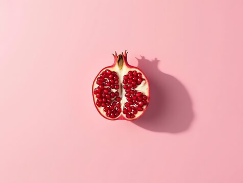 Fresh pomegranate fruit cut in half on pink background healthy eating antioxidant rich food photography