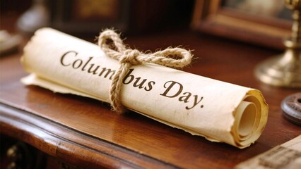 Discover the historical significance of Columbus Day with a beautifully aged scroll tied with rustic twine, evoking discovery and exploration on a polished wooden surface.