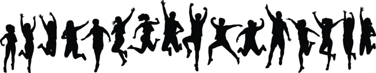 Group jumping silhouettes, happy people celebrating, men and women in motion, joyful crowd illustration, vector outline art, cad drawing flat vector illustration