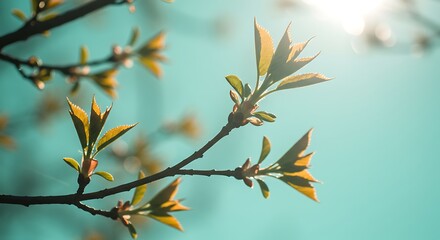Fine spring branch with fresh leaves, soft aqua pastel sky