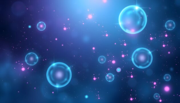 Abstract digital art featuring glowing blue orbs and scattered pink light particles against a deep blue and purple gradient backdrop.