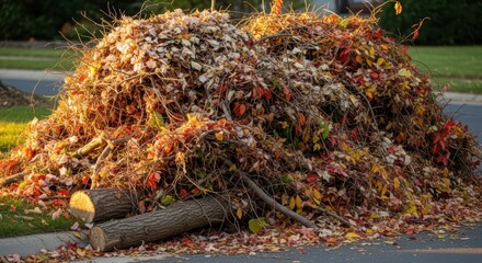 Large pile of autumn leaves and branches on asphalt with a green yard waste bag next to it during fall cleaning for social banner or poster. Seasonal gardening for banner or poster.	
