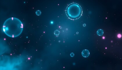 Glowing orbs float in a dark, nebulous space, creating an ethereal and mysterious scene.