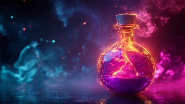 Colorful potion in a mystical setting with smoke