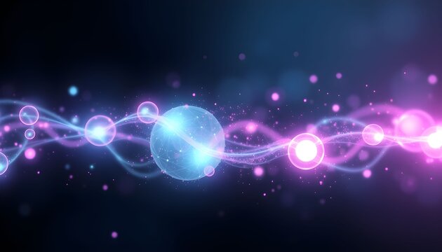 Abstract glowing particles and waves of light in vibrant blue and pink hues against a dark, bokeh-filled background.