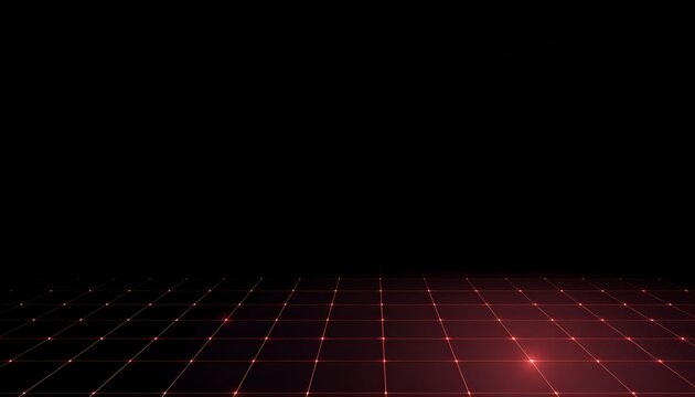 A futuristic red digital grid with glowing nodes stretches into a dark horizon, illuminated by a bright flare.