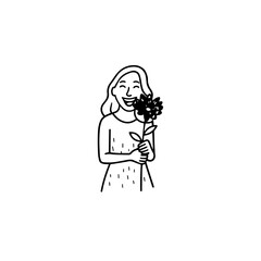 Black and white vector illustration of a beautiful woman holding a flower, minimal clean line art style
