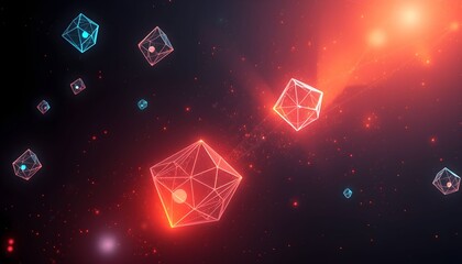 Glowing red and blue geometric polyhedra float in a dark, abstract digital space.
