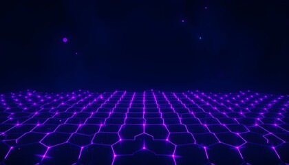 An abstract digital landscape with glowing hexagonal grid lines and shimmering particles against a dark blue background, suggesting a futuristic or technological theme.