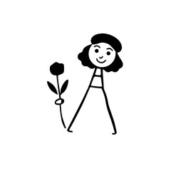 Black and white vector illustration of a beautiful woman holding a flower, minimal clean line art style
