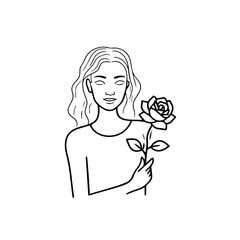 Black and white vector illustration of a beautiful woman holding a flower, minimal clean line art style
