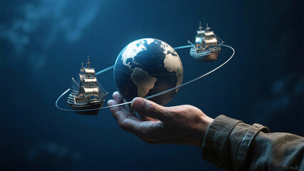 Explore boundless possibilities as a hand gently cradles the Earth with majestic sailing ships circling, symbolizing global exploration, trade, and adventure.