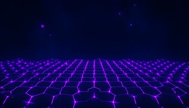 An abstract digital landscape with glowing hexagonal grid lines and shimmering particles against a dark blue background, suggesting a futuristic or technological theme.