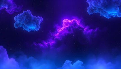 Abstract digital artwork of vibrant purple and blue clouds in a dark night sky.