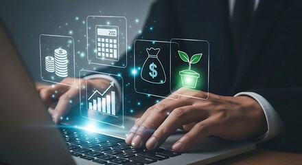 Businessman using a laptop with futuristic holographic projections of financial charts a growing plant and a city skyline symbolizing economic growth and sustainable business