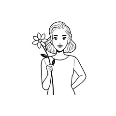 Black and white vector illustration of a beautiful woman holding a flower, minimal clean line art style
