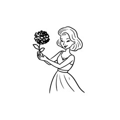 Black and white vector illustration of a beautiful woman holding a flower, minimal clean line art style
