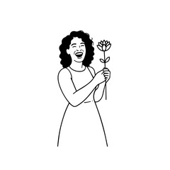 Black and white vector illustration of a beautiful woman holding a flower, minimal clean line art style
