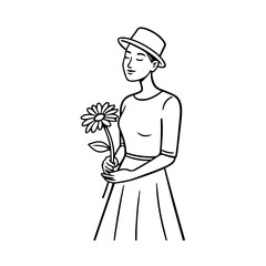 Black and white vector illustration of a beautiful woman holding a flower, minimal clean line art style
