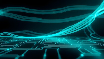 Abstract digital artwork depicting glowing turquoise data streams flowing over a circuit board.