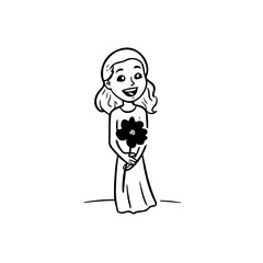 Black and white vector illustration of a beautiful woman holding a flower, minimal clean line art style	