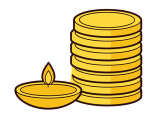 Diwali Celebration with Stack of Golden Coins and Burning Oil Lamp