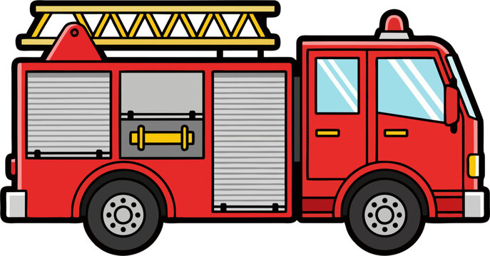 Modern Flat Vector Ladder Fire Truck Side View &ndash; Detailed Red Emergency Vehicle Illustration