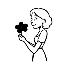 Black and white vector illustration of a beautiful woman holding a flower, minimal clean line art style	