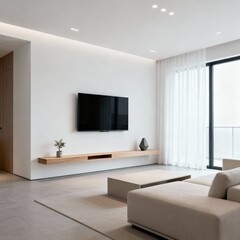 modern living room with a TV mounted on the wall, clean and minimalist style, perfect for design mockup