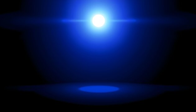 An intense blue spotlight with a horizontal lens flare shines down onto a dark, empty stage. - Powered by Adobe