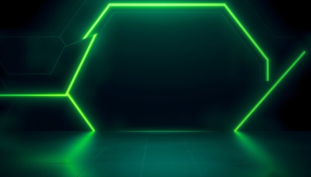 A vibrant green neon hexagonal shape illuminates a dark, reflective surface, creating a futuristic portal.
