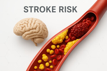 Fototapeta premium Stroke risk awareness is crucial for health as shown by brain and clogged artery with blood cells and cholesterol highlighting importance of prevention and education