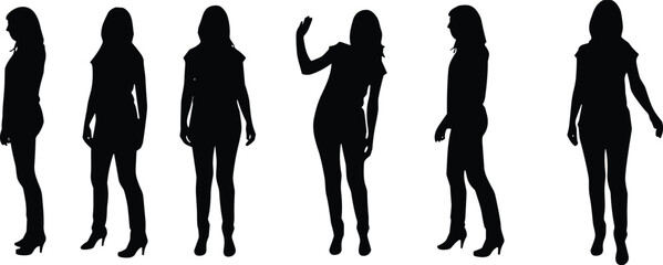 Silhouette of elegant fashion women posing in stylish dresses, female body outline, glamour model illustration, cad drawing flat vector illustration